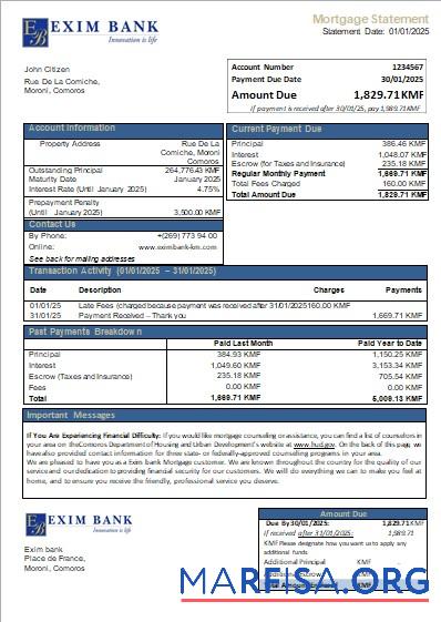 Downloadable Comoros Exim bank mortgage statement scr real example